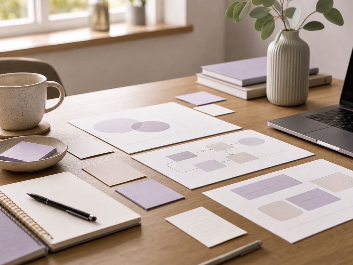 Strategieunterlagen mit abstrakten Diagrammen, Notizbuch, Tasse und Laptop auf einem Holztisch