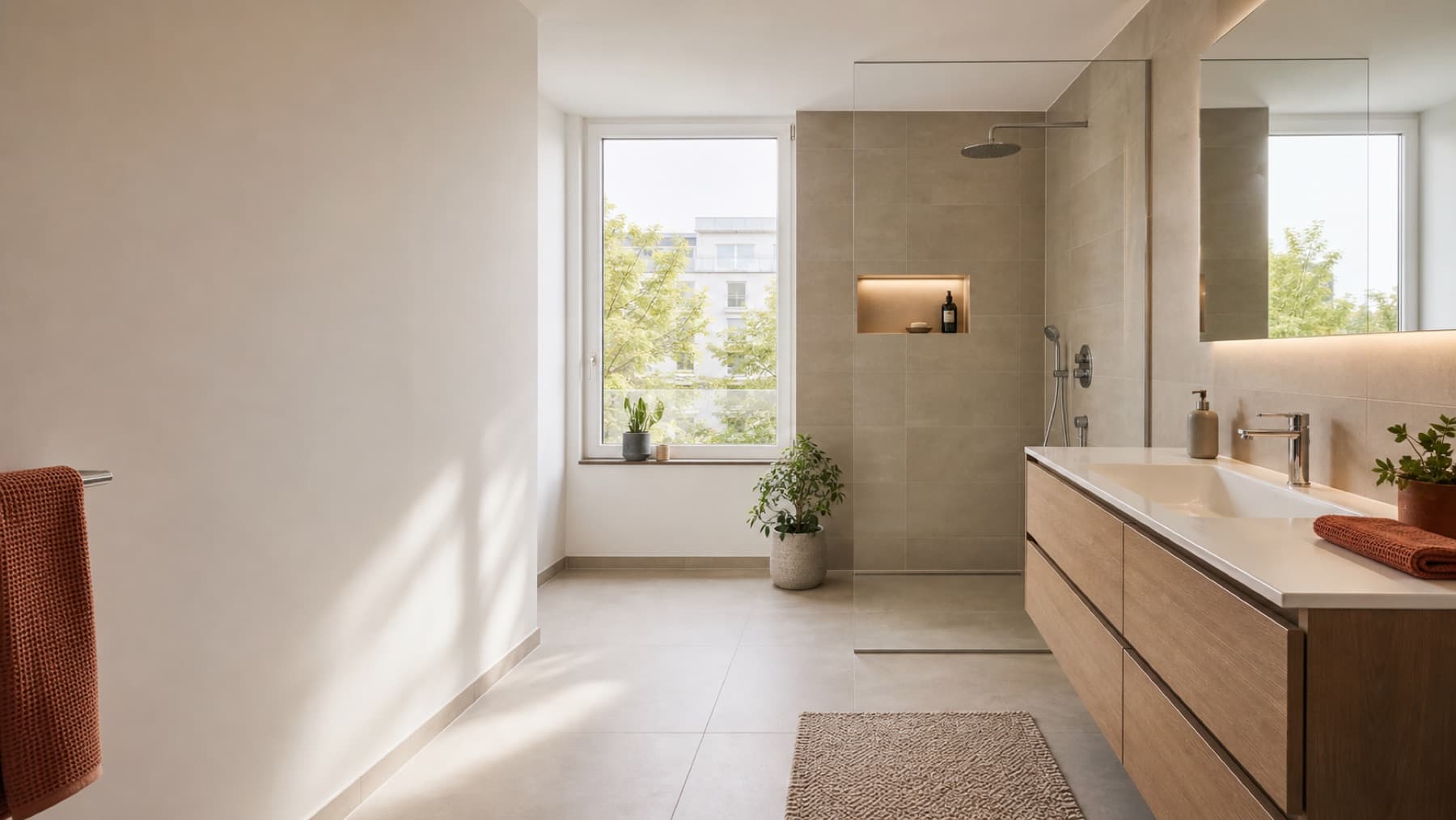 Modern renoviertes Badezimmer mit walk-in Dusche und warmen Naturmaterialien
