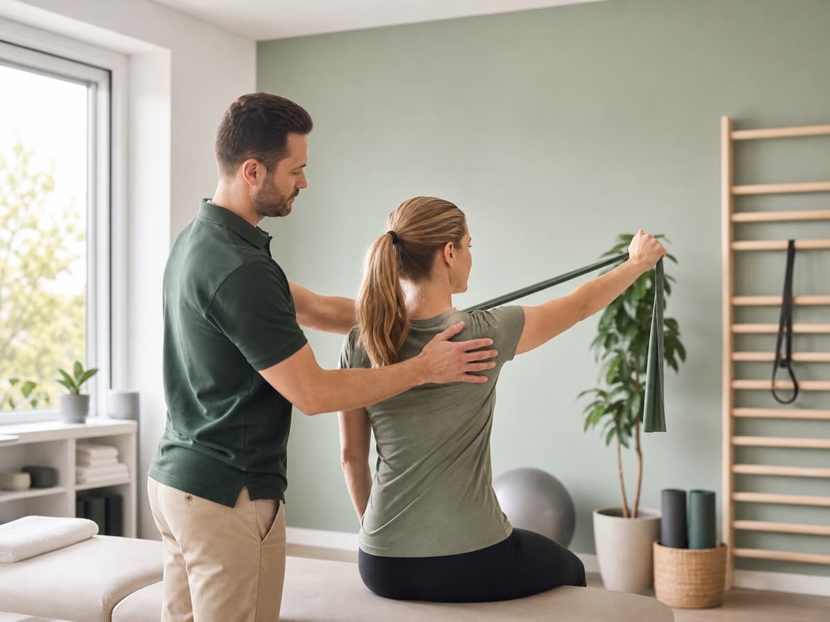 Physiotherapeut begleitet eine Patientin bei einer Schulterübung mit Trainingsband